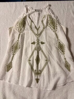 Hale Bob White Tank with Olive Green Embroidery